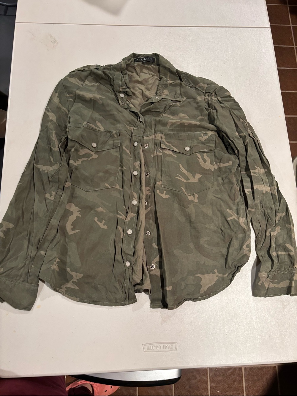 Sanctuary Olive and Tan Camo Button-Down Shirt